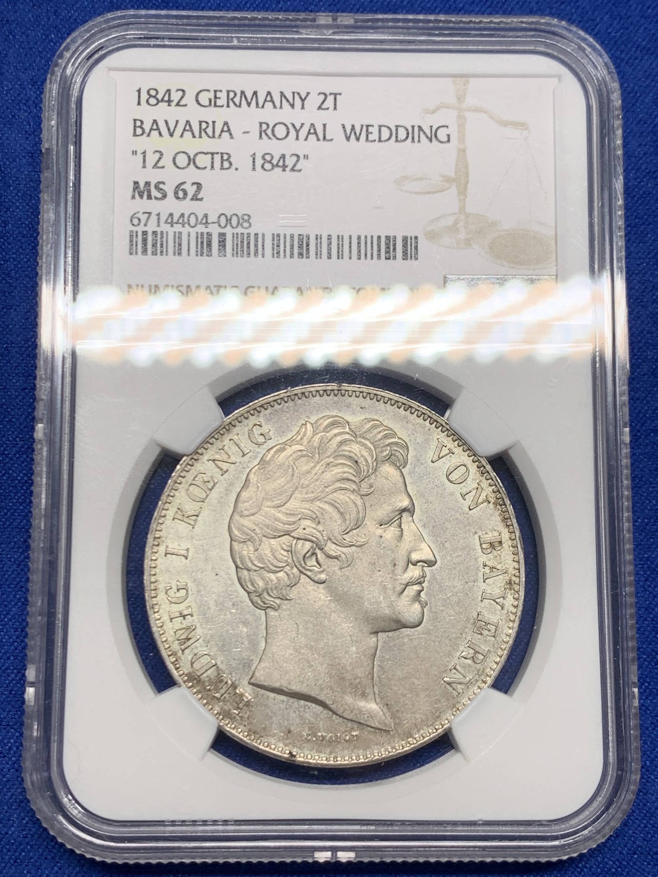 《竞宝斋》第244场-周日，周一 新年开场 (全场包邮) NGC MS62 德国 1842 巴伐利亚皇家婚礼纪念 2泰勒大银币 少见MS 品相 可藏