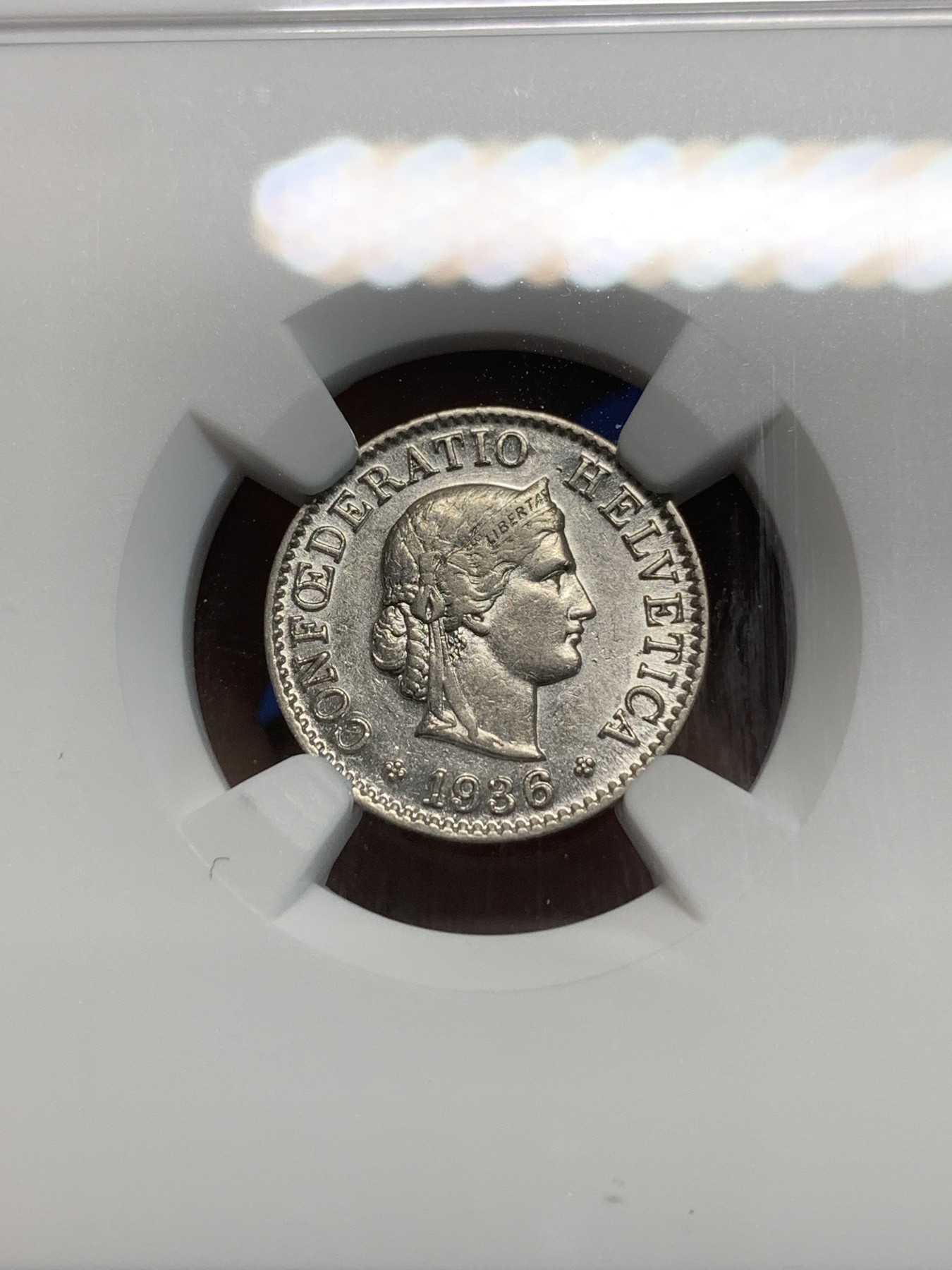 《竞宝斋》第244场-周日，周一 新年开场 (全场包邮) NGC AU53 瑞士1936年5R纯镍币稀少版本，辅币充分流通好品不多