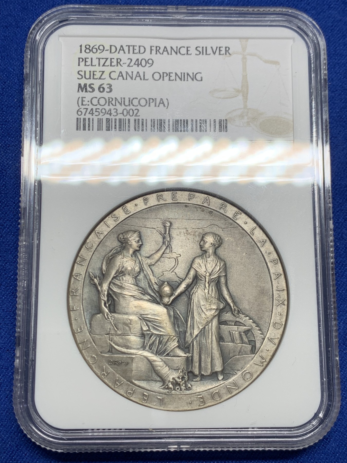 《竞宝斋》第244场-周日，周一 新年开场 (全场包邮) NGC MS63 亚军分 法国1869苏伊士运河开通纪念大银章，罗蒂经典作品，收藏级品相。官网更高分仅有1枚64。