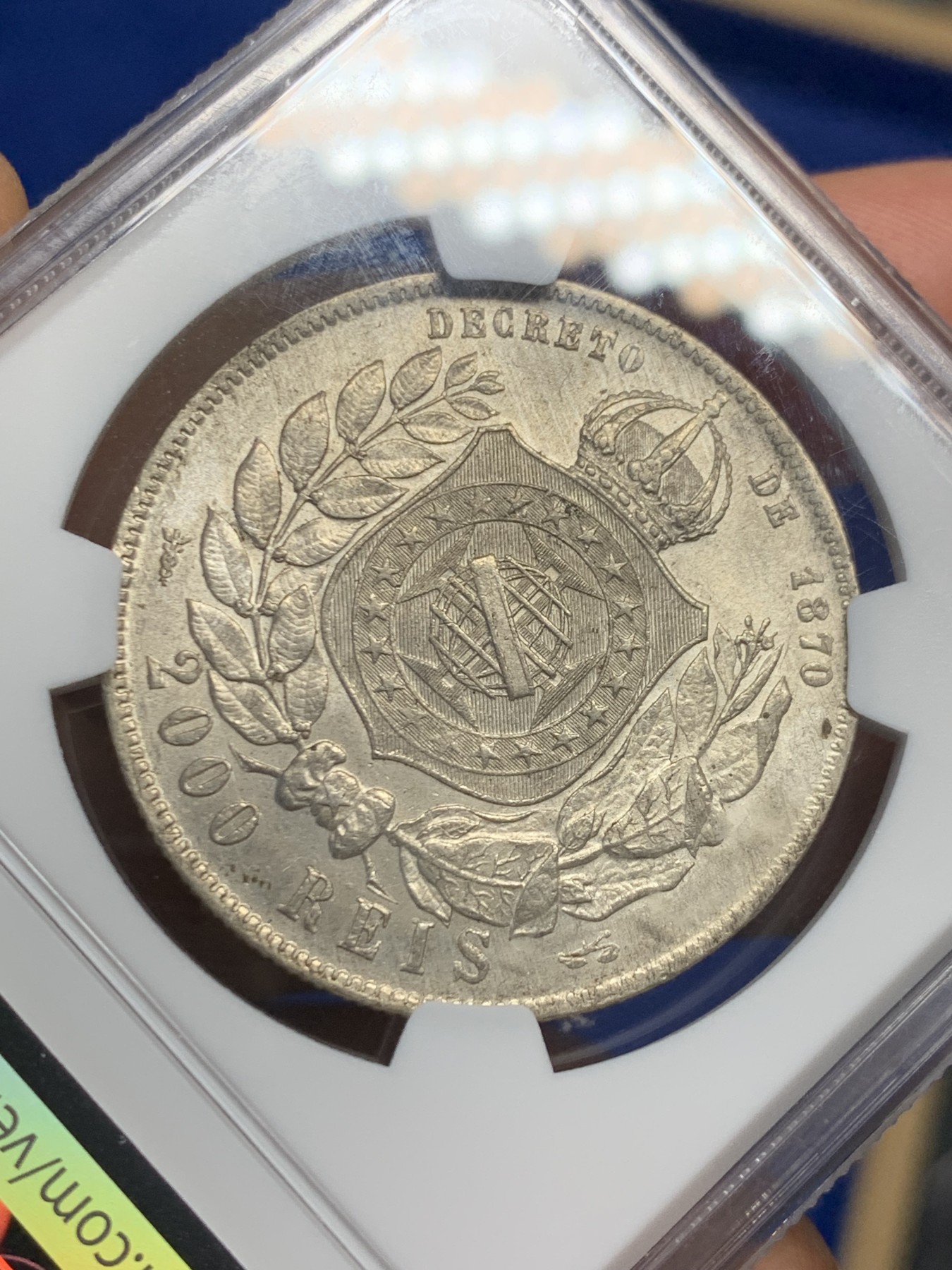 《竞宝斋》第244场-周日，周一 新年开场 (全场包邮) NGC AU58 巴西帝国1889年佩德罗二世2000瑞斯银币，原味老包浆，底板带光，值得收藏。