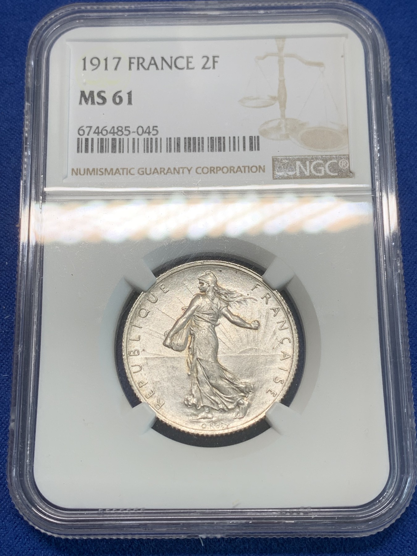 《竞宝斋》第244场-周日，周一 新年开场 (全场包邮) NGC MS61 法国1917年播种女神2法郎银币