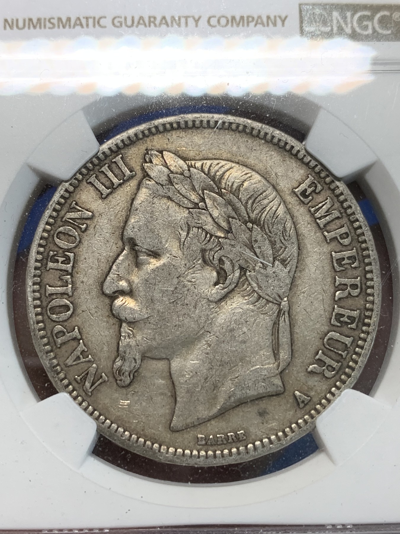 《竞宝斋》第244场-周日，周一 新年开场 (全场包邮) NGC XF40 法国1867年拿破仑三世5法郎银币