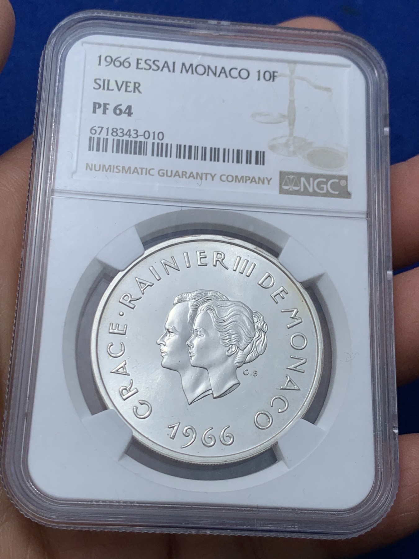 《竞宝斋》第244场-周日，周一 新年开场 (全场包邮) NGC PF64 摩纳哥1966年发行量1000枚格蕾丝公主10法郎纪念精制银样币