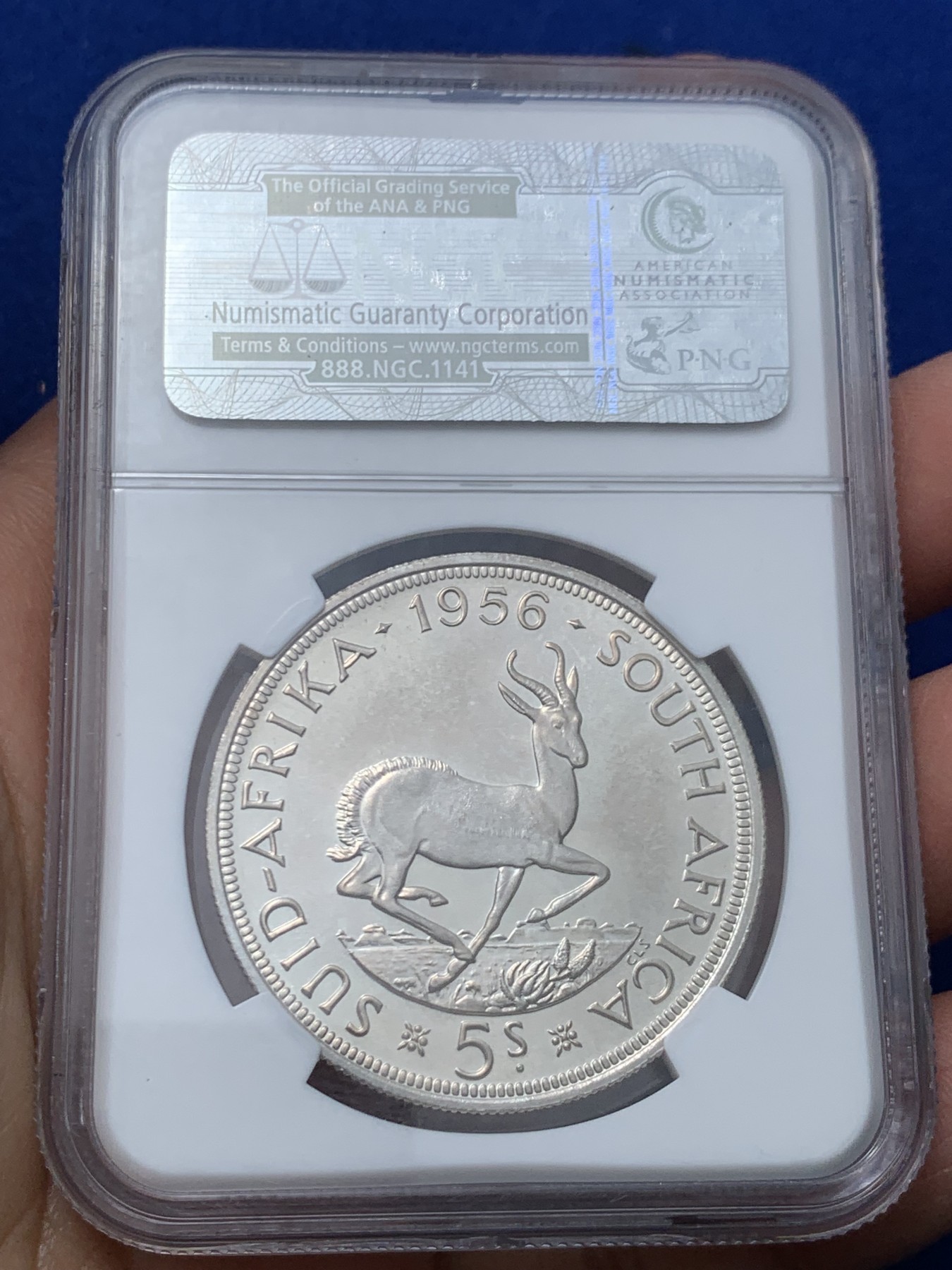 《竞宝斋》第244场-周日，周一 新年开场 (全场包邮) NGC PF66 南非1956年伊丽莎白二世跳羚5先令大银币 少见PF精制币 顶级品相