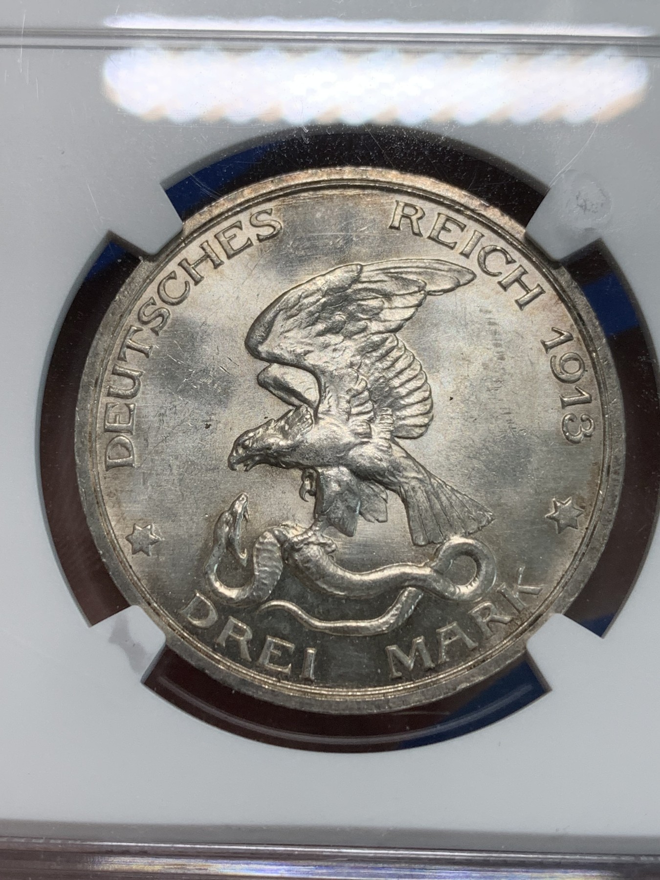 《竞宝斋》第244场-周日，周一 新年开场 (全场包邮) NGC MS62 德国普鲁士1913年战胜拿破仑纪念3马克银币 黄油包浆 值得入手