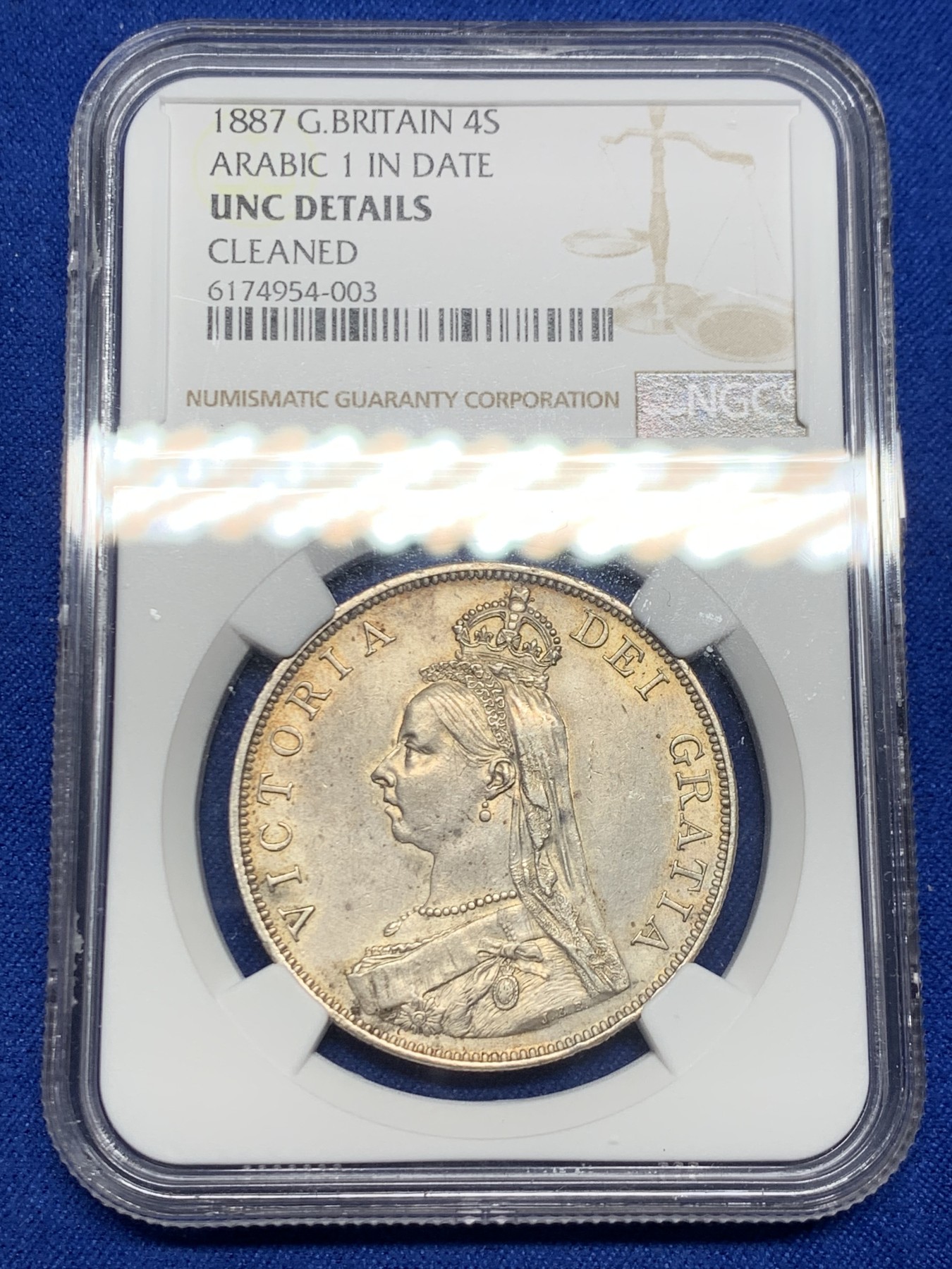 《竞宝斋》第244场-周日，周一 新年开场 (全场包邮) NGC UNC 英国 1887年 维多利亚高冠双弗洛林 4先令 银币（NGC错标版，实际为1890年，增加稀有性）