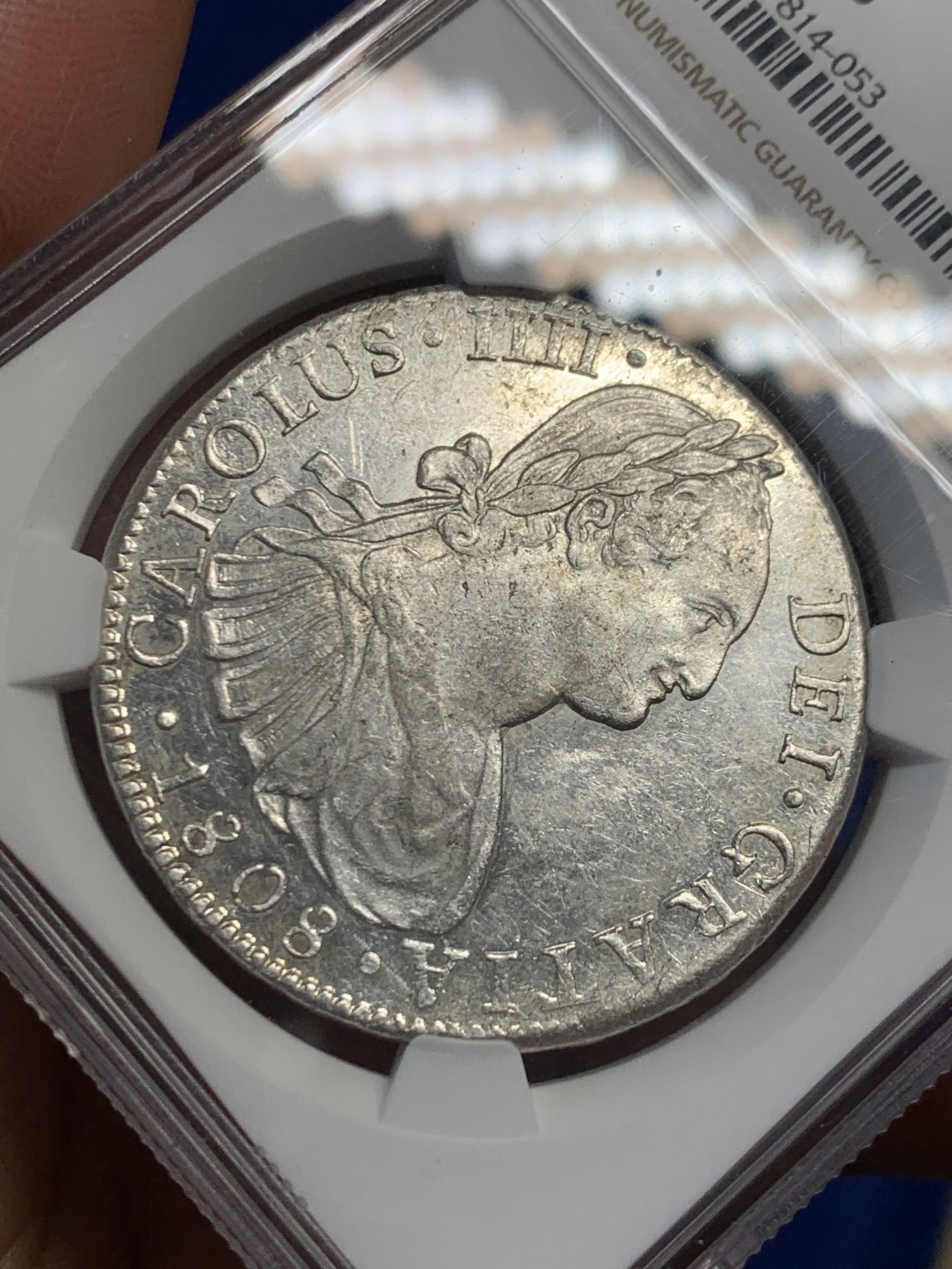 《竞宝斋》第244场-周日，周一 新年开场 (全场包邮) NGC AU55 西属墨西哥1808年卡四双柱银币 全深打原光 镜面底板 低评状态