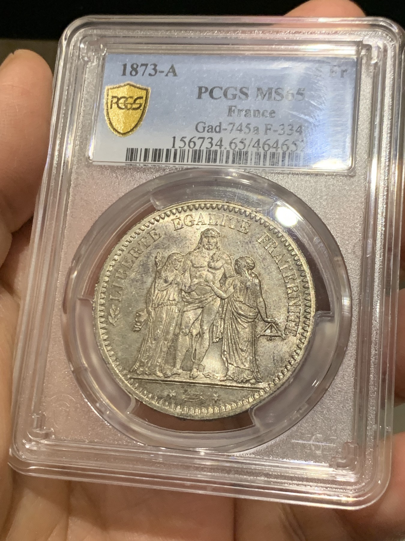 《竞宝斋》第244场-周日，周一 新年开场 (全场包邮) PCGS MS65 法国大力神与女神5法郎银币1873年A厂欧陆灰包浆 65高分状态