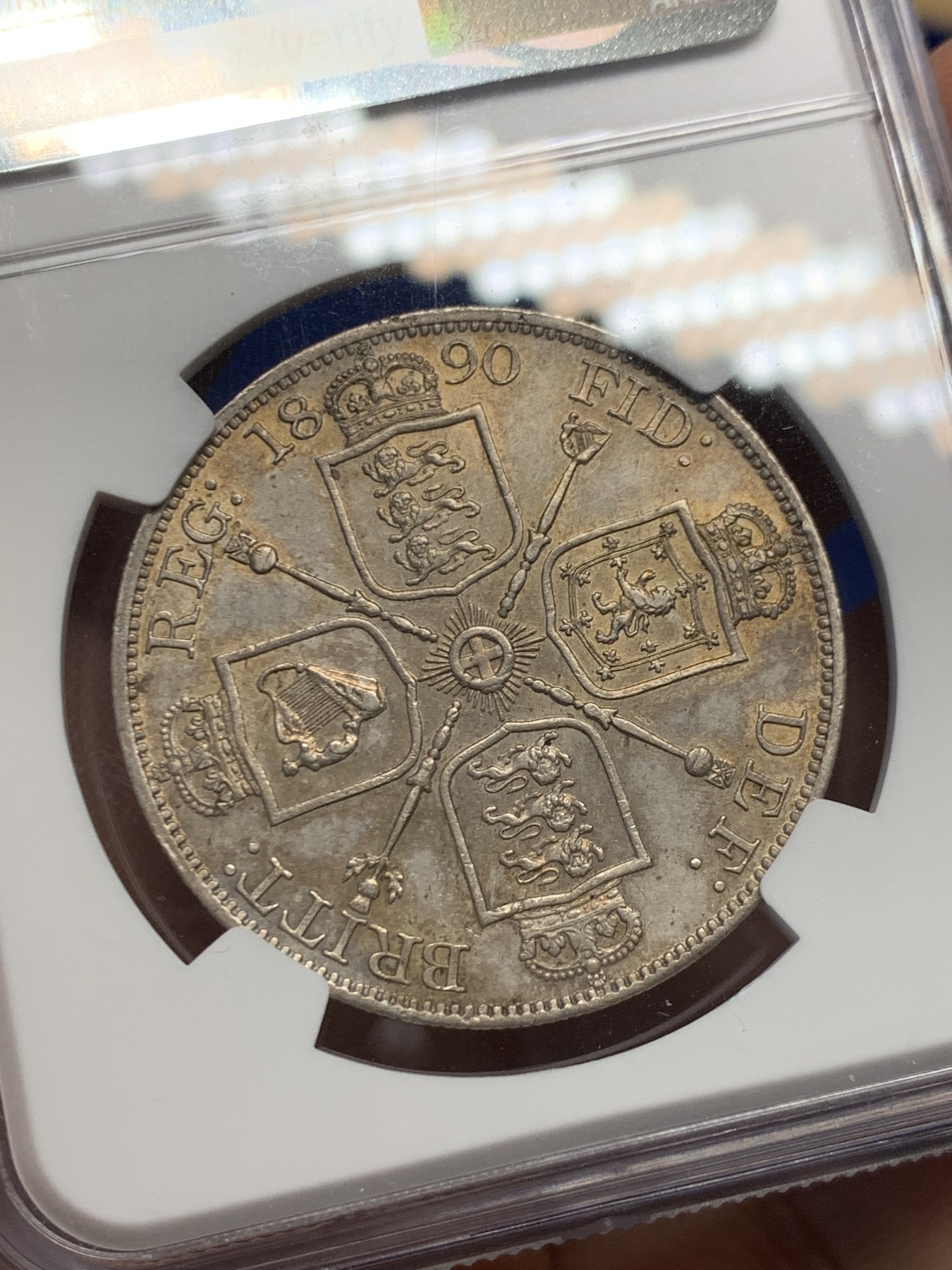 《竞宝斋》第244场-周日，周一 新年开场 (全场包邮) NGC UNC 英国 1887年 维多利亚高冠双弗洛林 4先令 银币（NGC错标版，实际为1890年，增加稀有性）