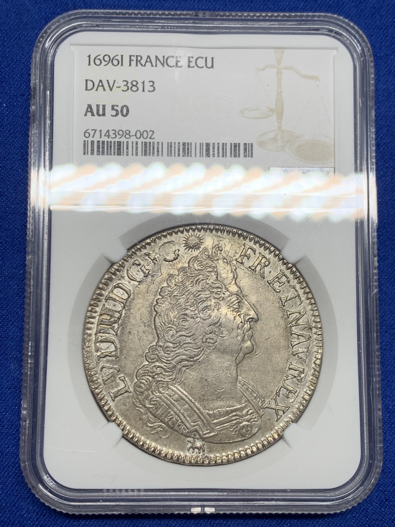 《竞宝斋》第244场-周日，周一 新年开场 (全场包邮) NGC AU50 法国 1696 I版 路易十四太阳王 埃居大银币 双面深打 无减重痕迹