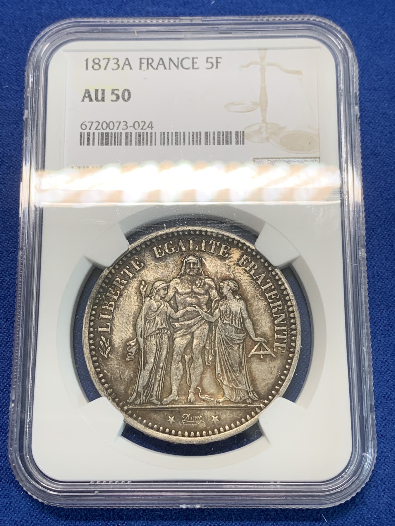 《竞宝斋》第244场-周日，周一 新年开场 (全场包邮) NGC AU50 法国1873年大力神5法郎银币