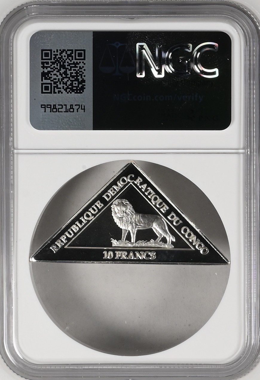 长老汇龙年精选第二场 2000 刚果动物保护系列大猩猩母子10法郎三角形精制银币，NGC PF68UC，唯一冠军分