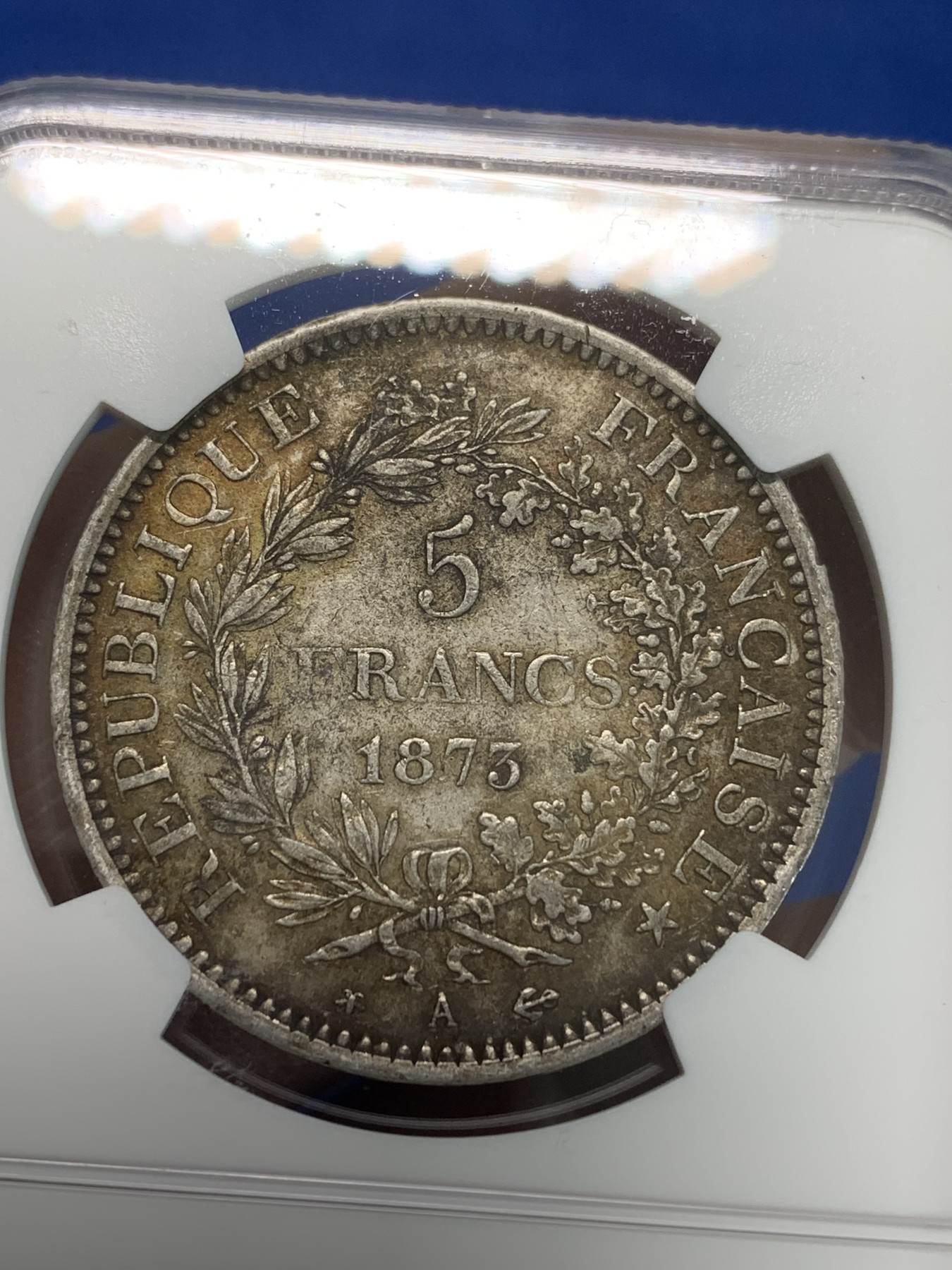 《竞宝斋》第244场-周日，周一 新年开场 (全场包邮) NGC AU50 法国1873年大力神5法郎银币