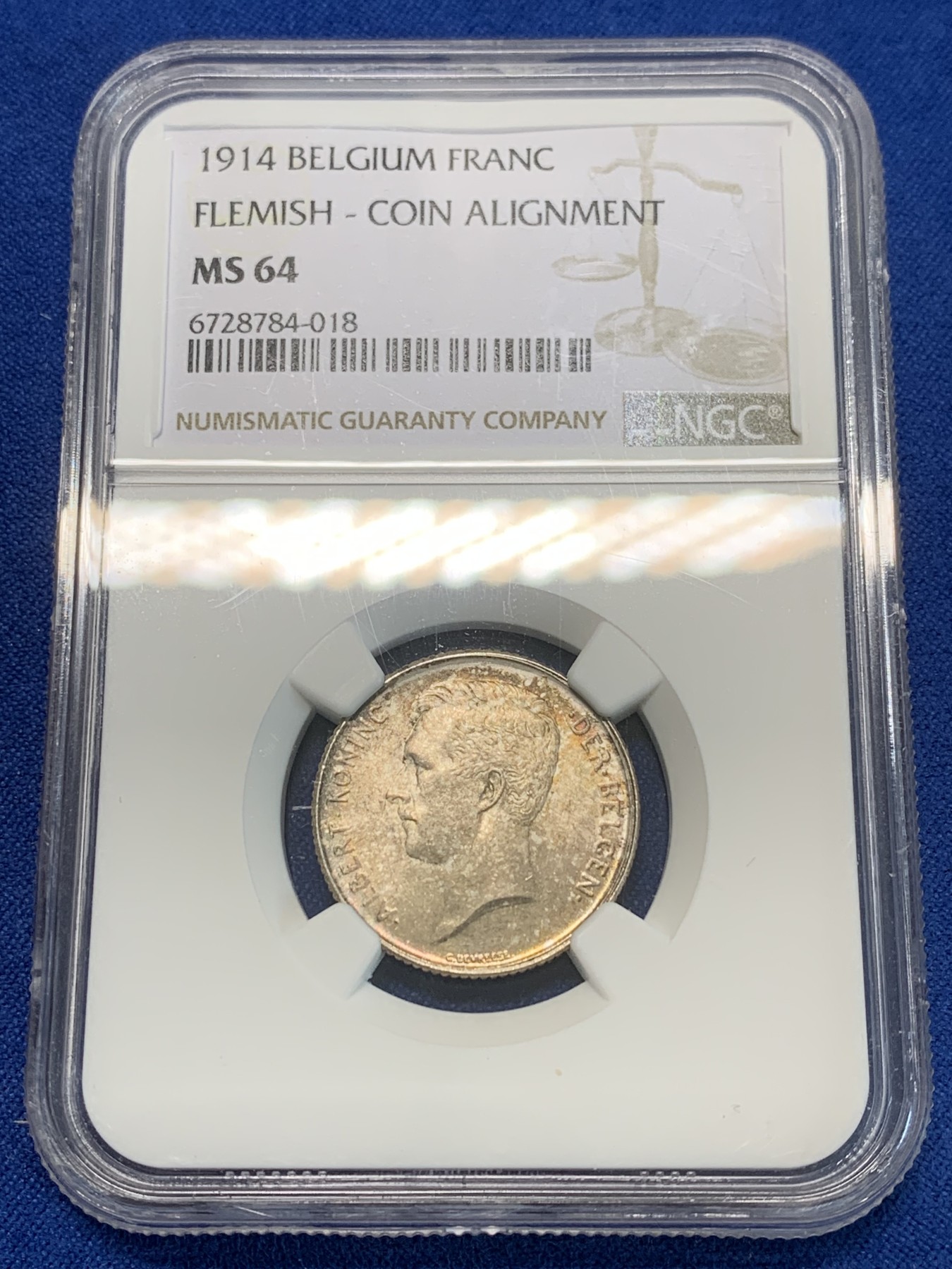 《竞宝斋》第244场-周日，周一 新年开场 (全场包邮) NGC MS64 比利时1914年1法郎银币 弗莱芒语版本 黄油光