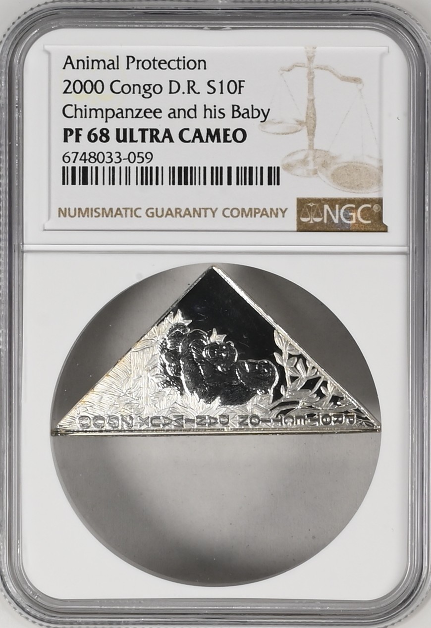 长老汇龙年精选第二场 2000 刚果动物保护系列大猩猩母子10法郎三角形精制银币，NGC PF68UC，唯一冠军分