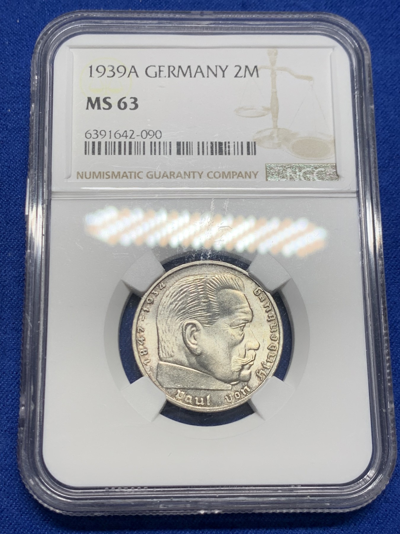 《竞宝斋》第244场-周日，周一 新年开场 (全场包邮) NGC MS63 德国1939年A版兴登堡2马克银币，相对较少的年份