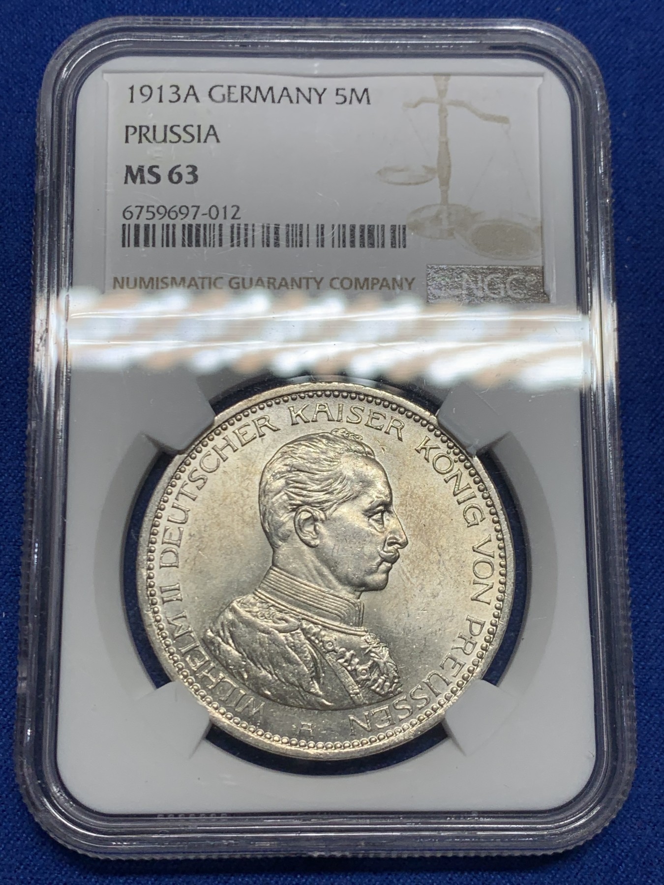 《竞宝斋》第244场-周日，周一 新年开场 (全场包邮) NGC MS63 德国普鲁士 1913年 威廉二世戎装A版 5马克 银币 （原光熠熠，德系收藏入门品种）