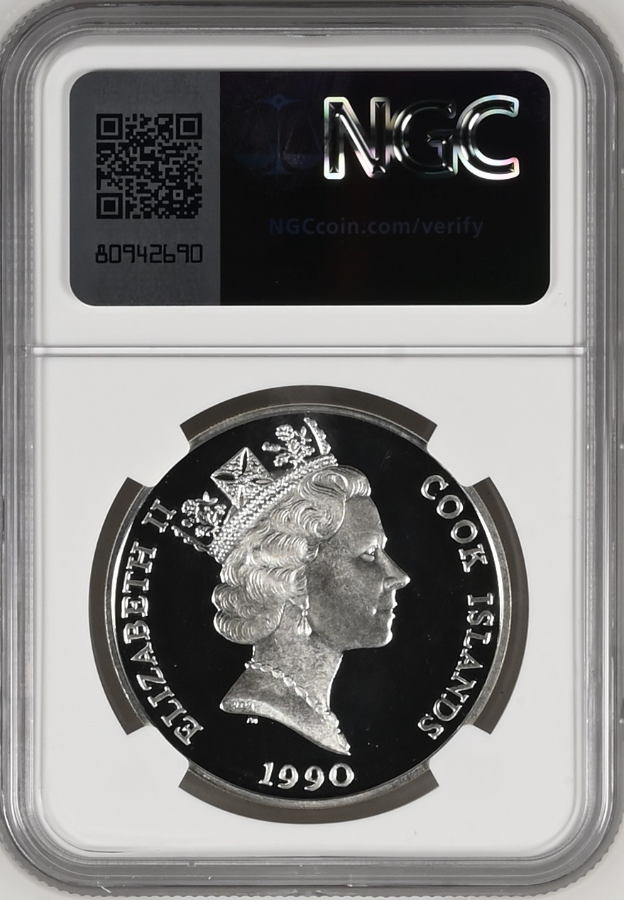 长老汇龙年精选第二场 1990 库克濒危动物猞猁50元精制银币，NGC PF66UC，更高分仅有4枚