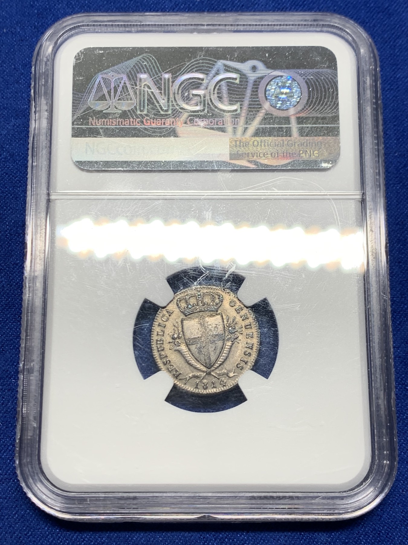 《竞宝斋》第244场-周日，周一 新年开场 (全场包邮) NGC MS62 意大利1814热那亚2索尔迪银币，正面圣母形象设计感极强，极具古典主义美感