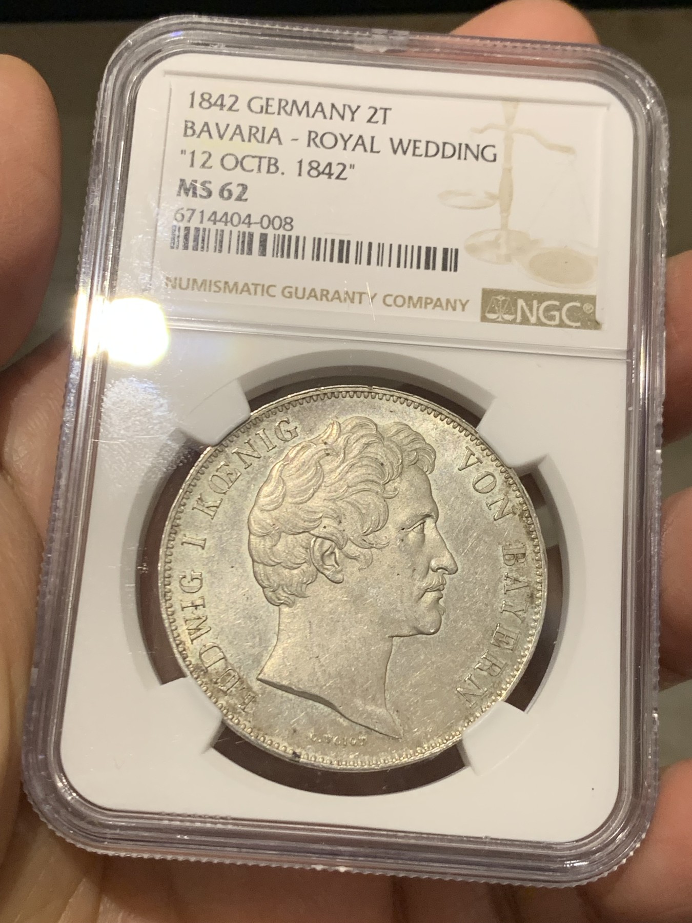 《竞宝斋》第244场-周日，周一 新年开场 (全场包邮) NGC MS62 德国 1842 巴伐利亚皇家婚礼纪念 2泰勒大银币 少见MS 品相 可藏