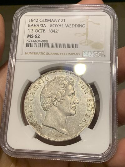 《竞宝斋》第244场-周日，周一 新年开场 (全场包邮) - NGC MS62 德国 1842 巴伐利亚皇家婚礼纪念 2泰勒大银币 少见MS 品相 可藏