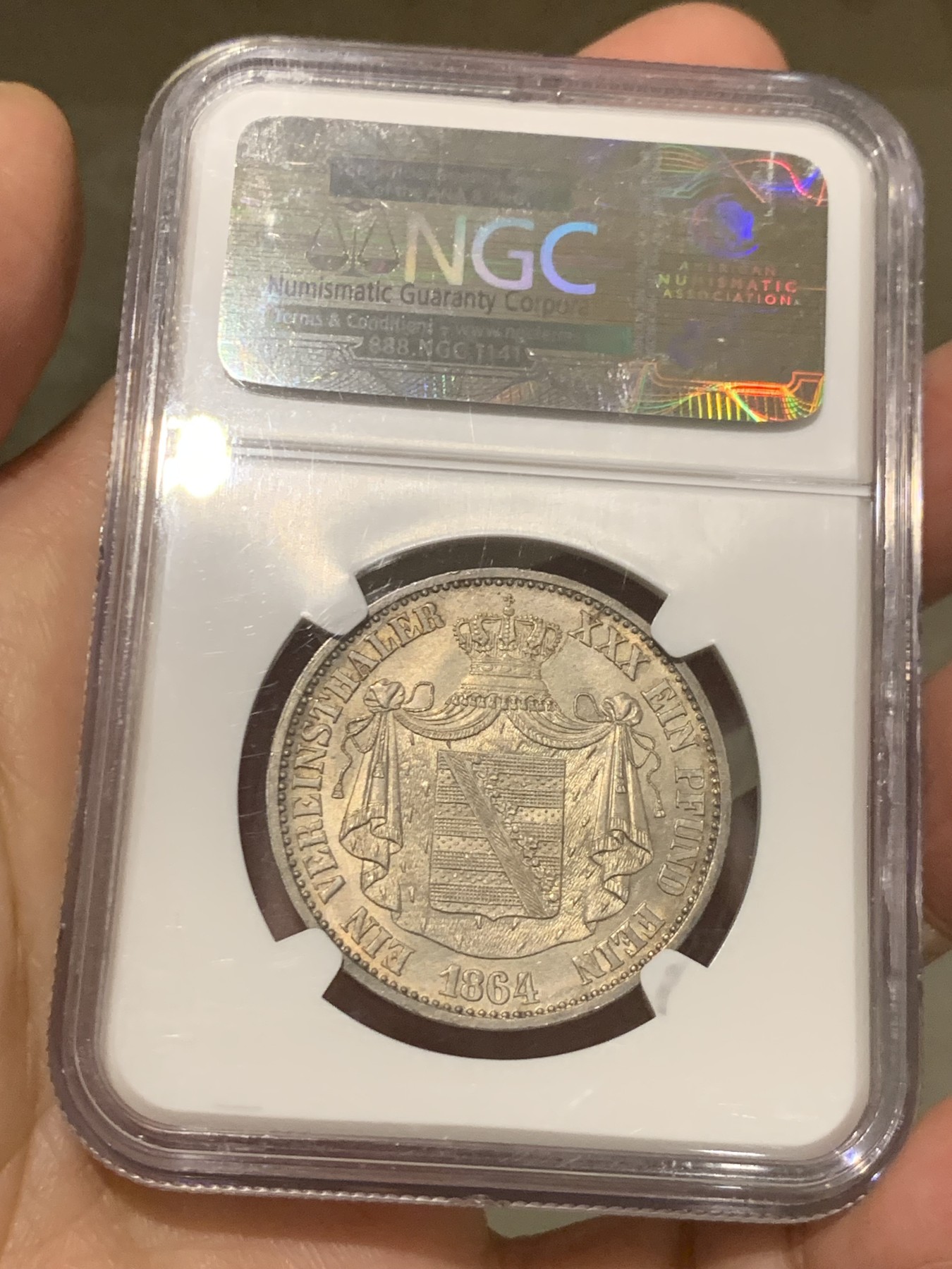 《竞宝斋》第244场-周日，周一 新年开场 (全场包邮) 唯一亚军分 NGC MS63 德国1864萨克森-阿尔滕堡公国恩斯特一世1泰勒银币 发行量仅22200枚 对于流通币来说保存难得