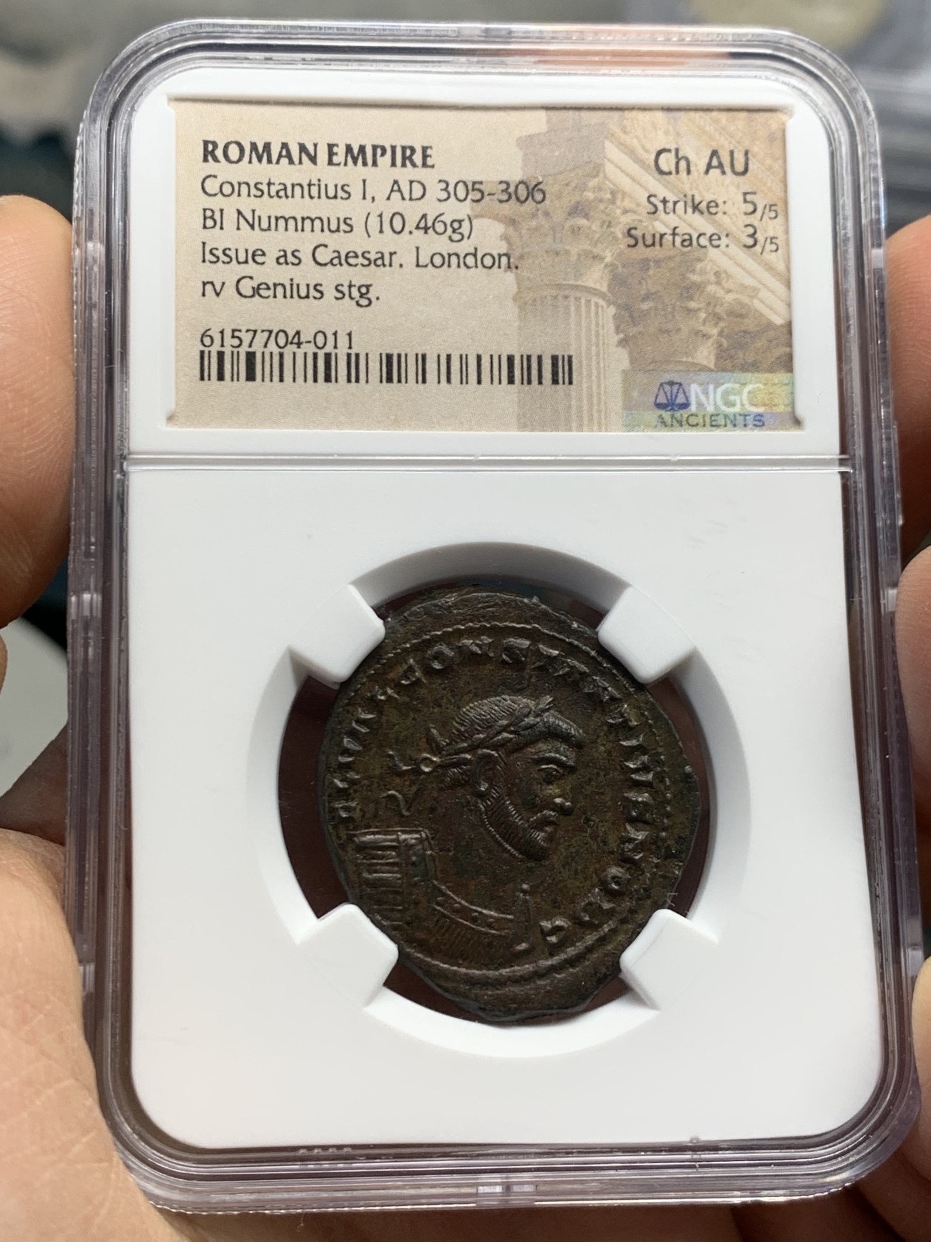 《竞宝斋》第244场-周日，周一 新年开场 (全场包邮) NGC AU 古罗马305-306年君士坦提乌斯一世1富利大铜币，10g+大尺寸。在位仅15个月的奥古斯都，君士坦丁大帝的父亲。朗丁造币厂打造，也即今天的伦敦。