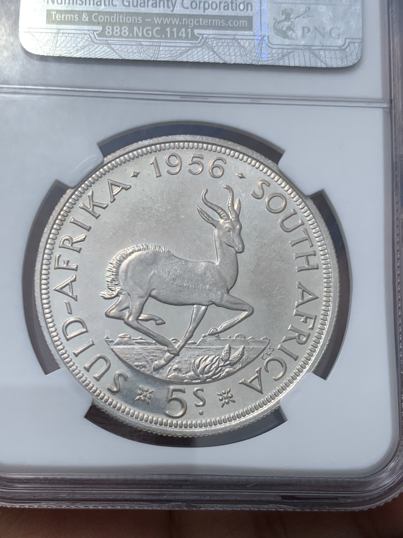 《竞宝斋》第244场-周日，周一 新年开场 (全场包邮) NGC PF66 南非1956年伊丽莎白二世跳羚5先令大银币 少见PF精制币 顶级品相