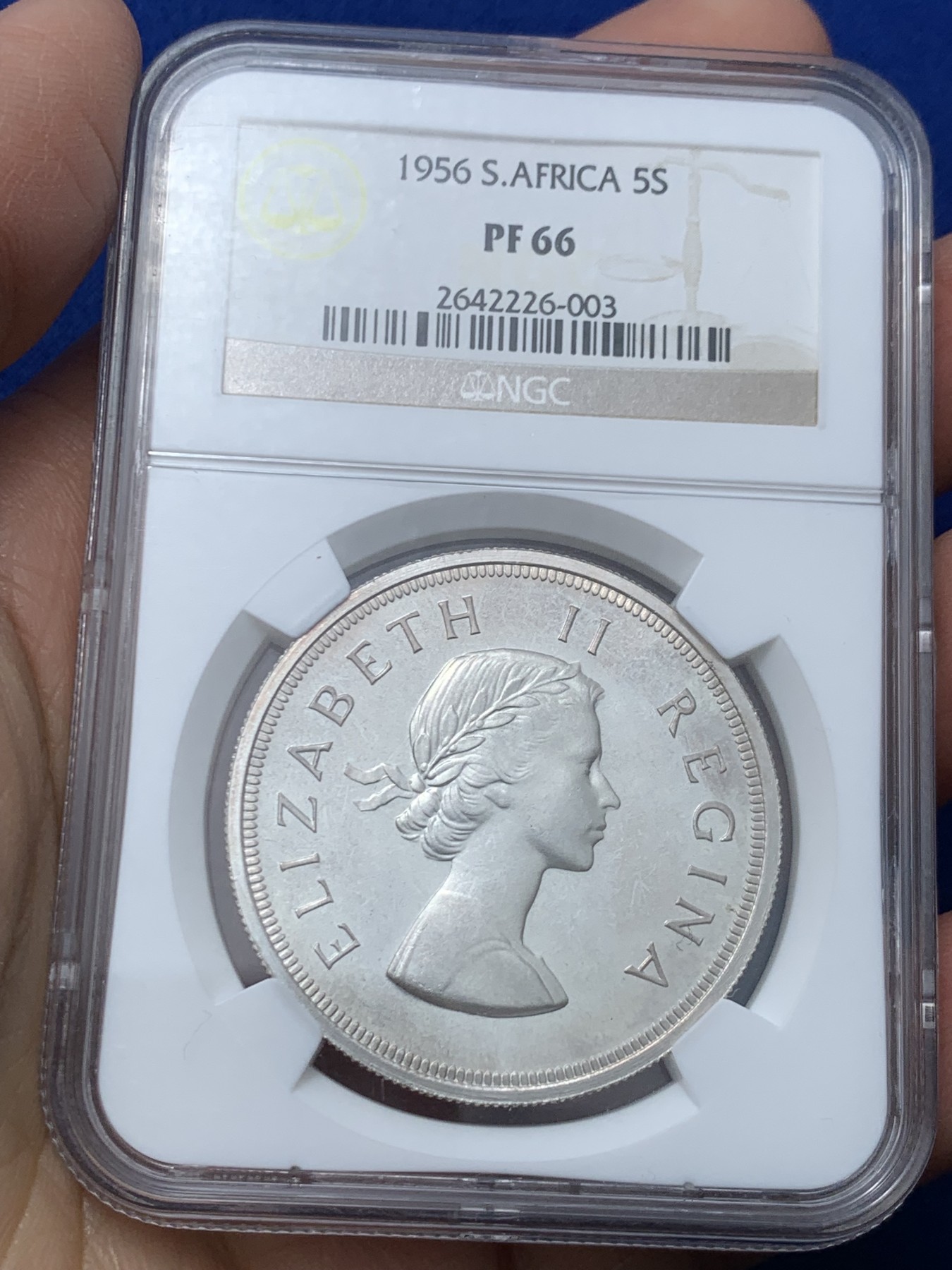 《竞宝斋》第244场-周日，周一 新年开场 (全场包邮) NGC PF66 南非1956年伊丽莎白二世跳羚5先令大银币 少见PF精制币 顶级品相