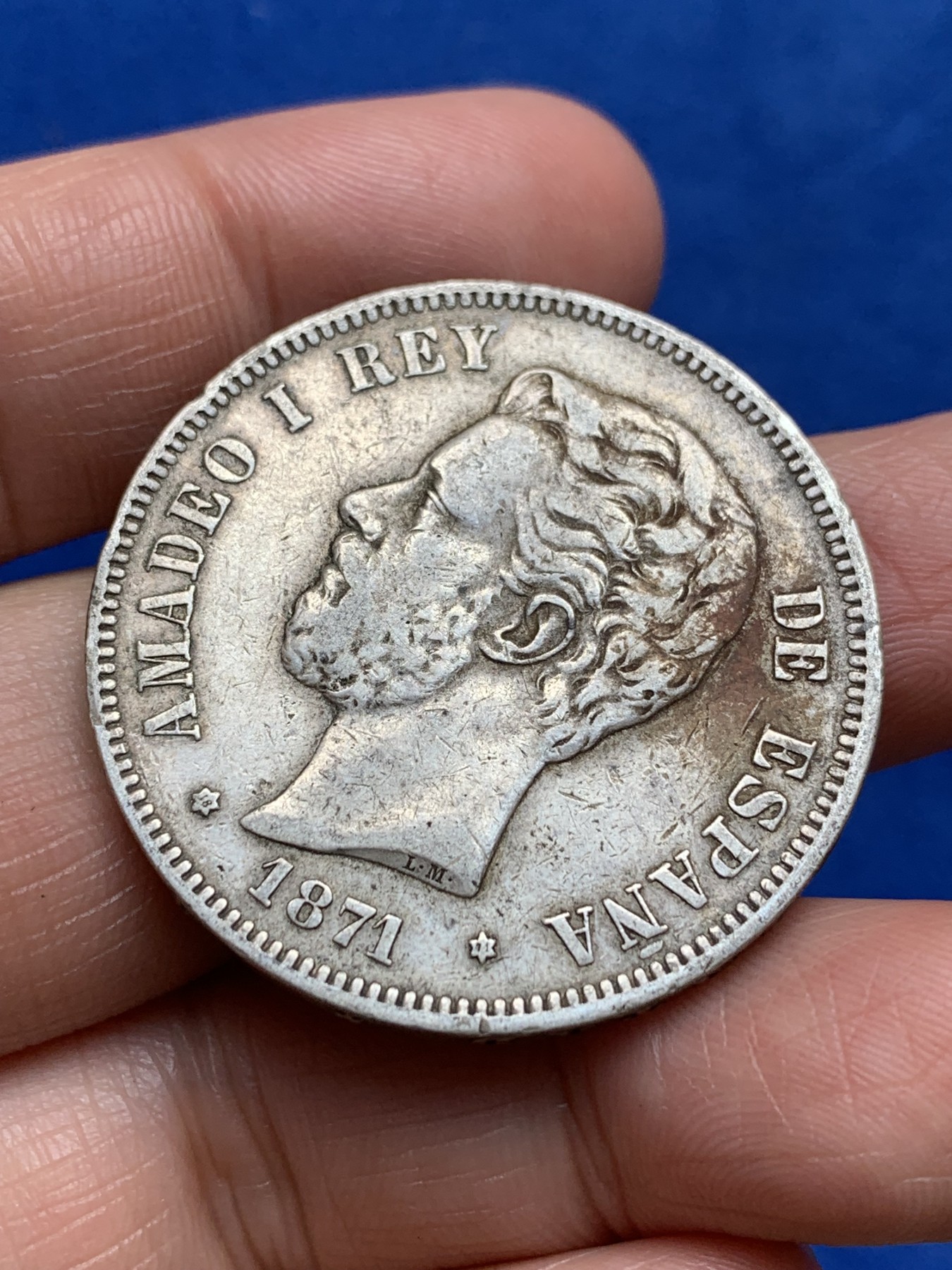 《竞宝斋》第244场-周日，周一 新年开场 (全场包邮) 西班牙1871年 阿玛迪奥一世5比塞塔双柱银币 原味包浆