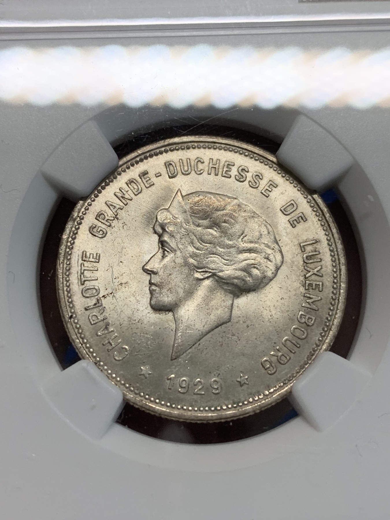 《竞宝斋》第244场-周日，周一 新年开场 (全场包邮) NGC-MS63 卢森堡 1929年 夏洛特 5法郎 女大公 银币