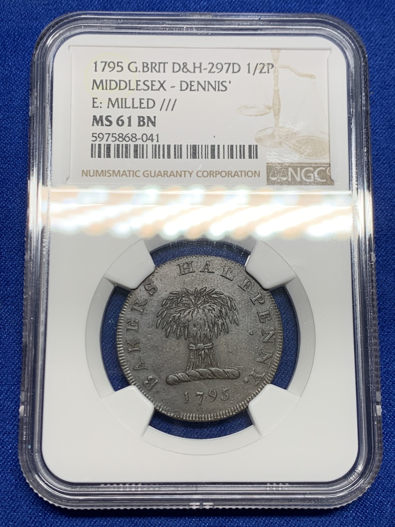 《竞宝斋》第244场-周日，周一 新年开场 (全场包邮) NGC MS61BN 1795年英国Middlesex半便士铜代币 罕见品 唯一冠军分！
