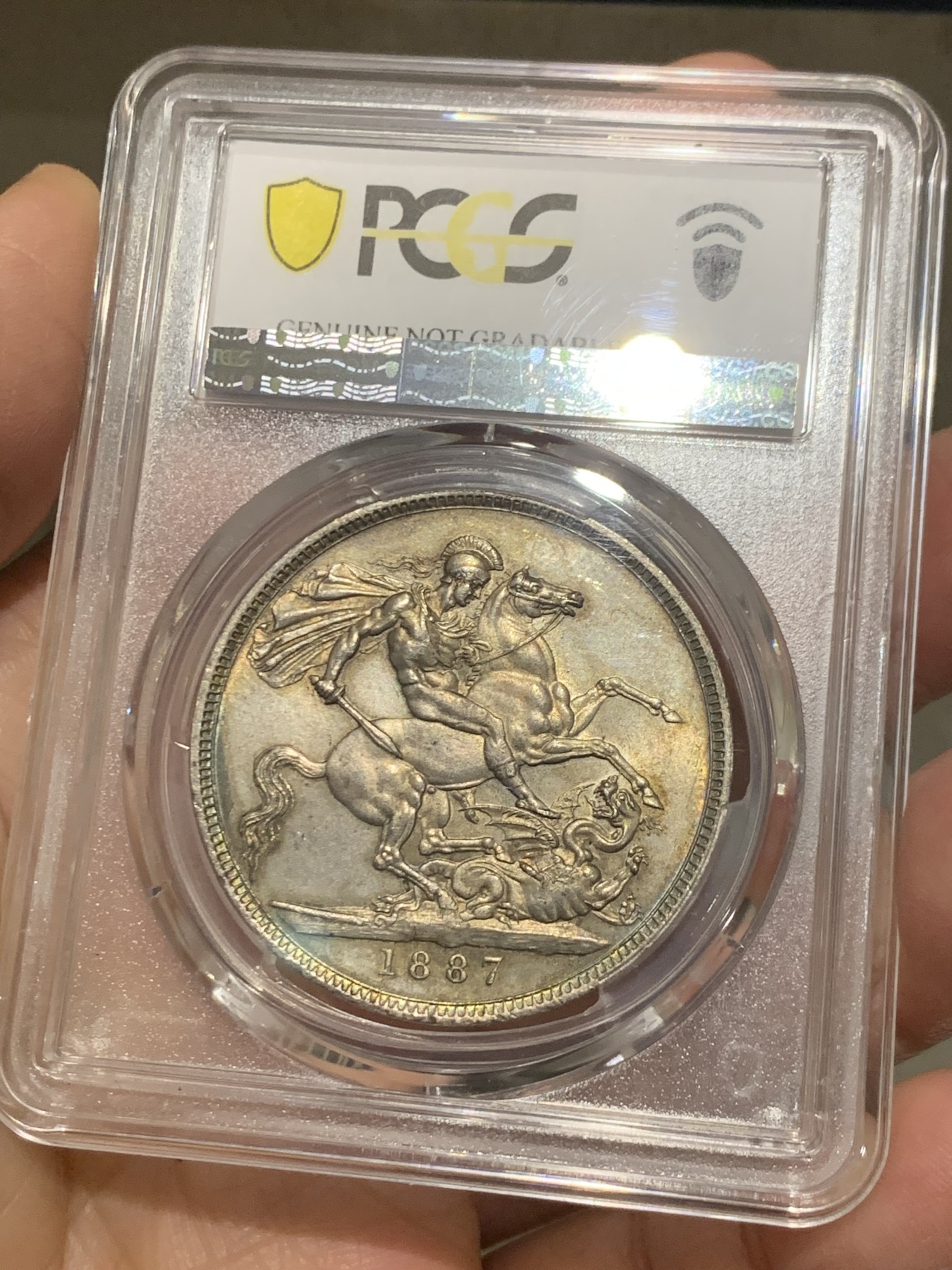 《竞宝斋》第244场-周日，周一 新年开场 (全场包邮) PCGS UNC 英国1887年维多利亚高冠马剑克朗银币 包浆漂亮