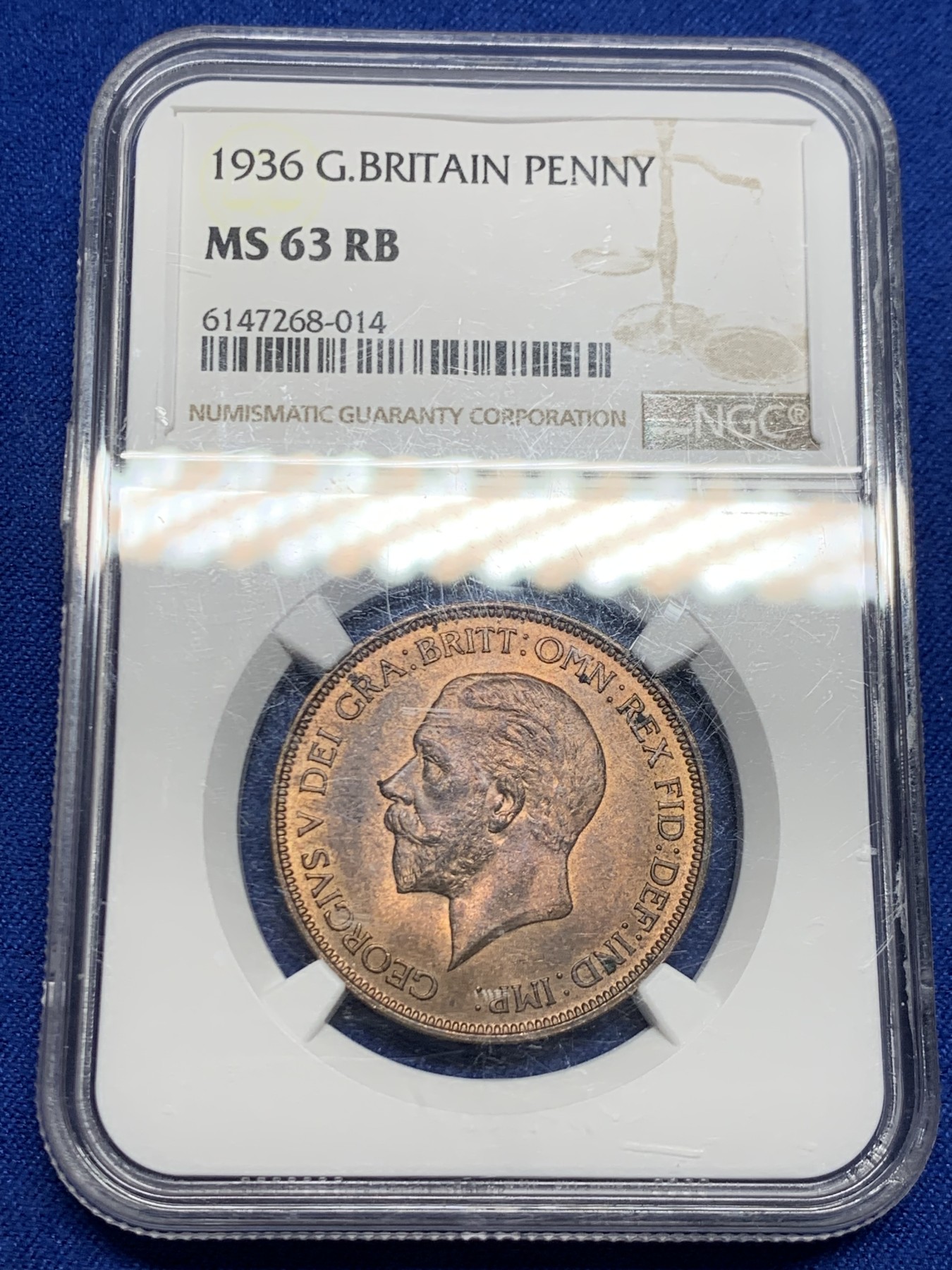 《竞宝斋》第244场-周日，周一 新年开场 (全场包邮) NGC MS63RB 英国 1936年 乔治五世头像 1便士 铜币