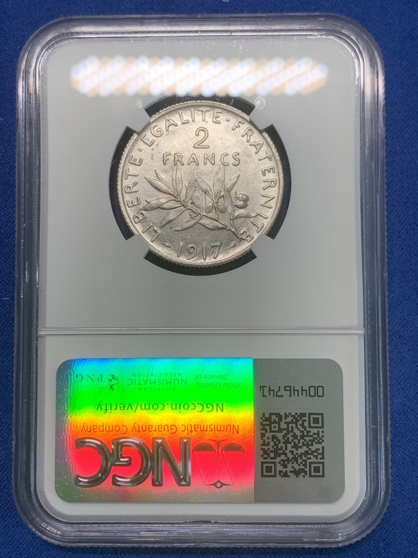 《竞宝斋》第244场-周日，周一 新年开场 (全场包邮) NGC MS61 法国1917年播种女神2法郎银币