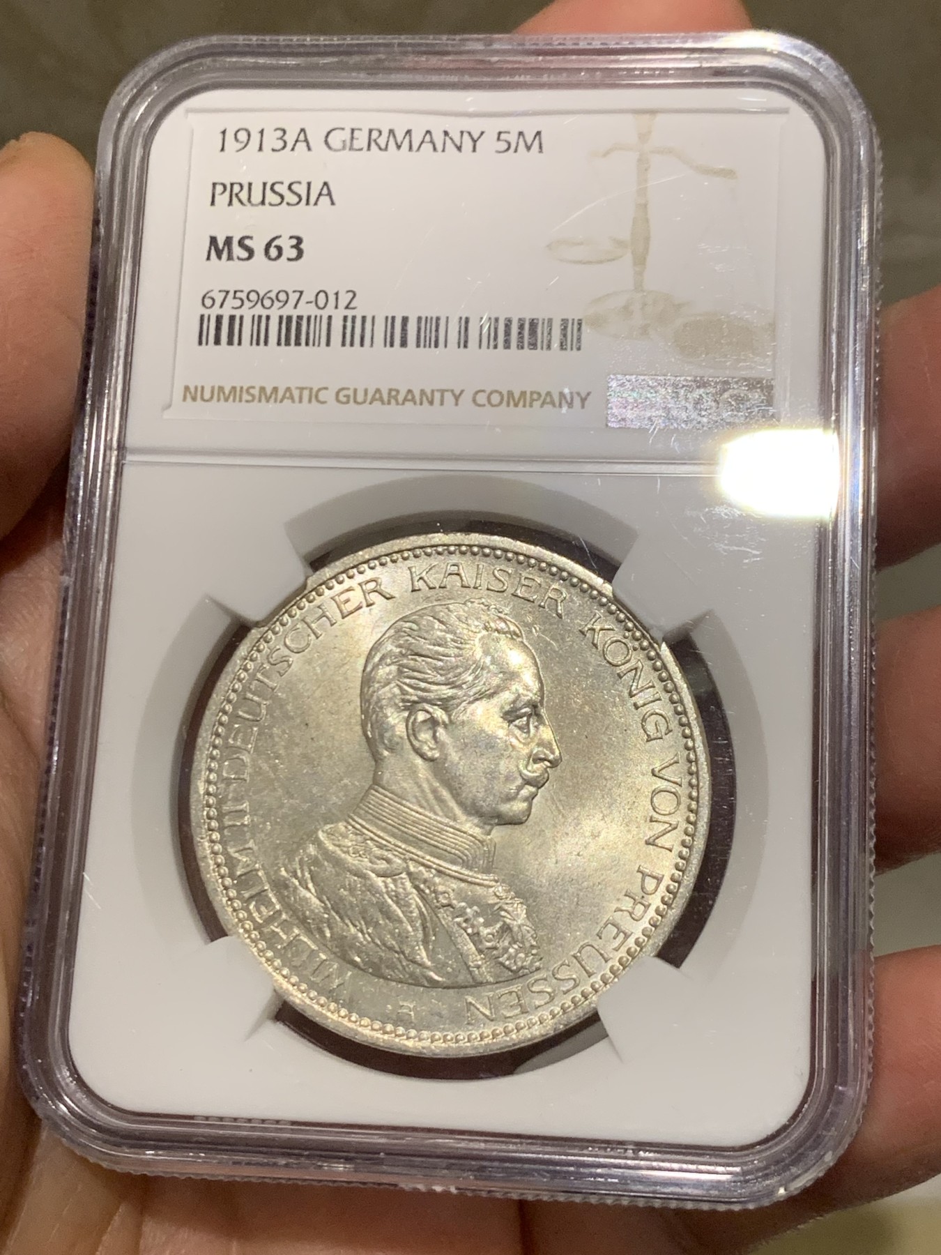 《竞宝斋》第244场-周日，周一 新年开场 (全场包邮) NGC MS63 德国普鲁士 1913年 威廉二世戎装A版 5马克 银币 （原光熠熠，德系收藏入门品种）