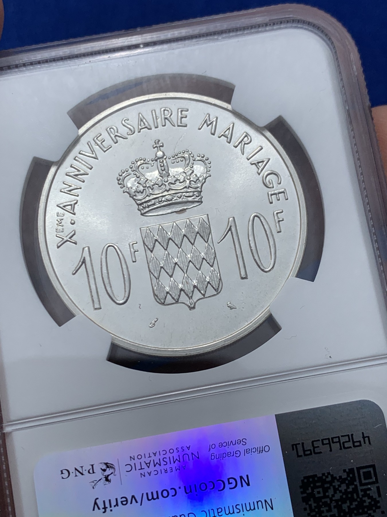 《竞宝斋》第244场-周日，周一 新年开场 (全场包邮) NGC PF64 摩纳哥1966年发行量1000枚格蕾丝公主10法郎纪念精制银样币