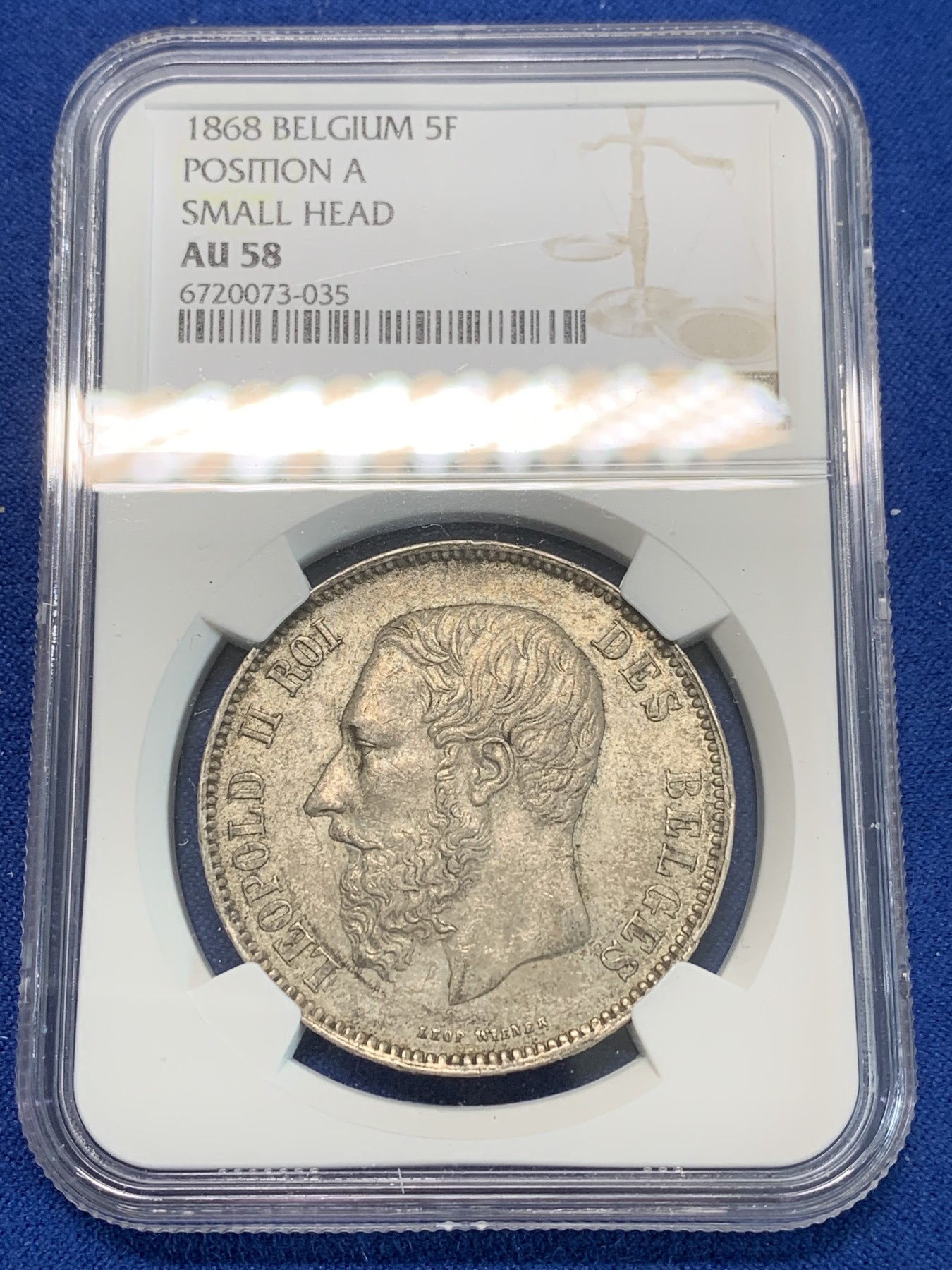 《竞宝斋》第244场-周日，周一 新年开场 (全场包邮) NGC AU58 比利时 1868年 利奥波德二世 （小头版）5法郎大银币 该品类价格洼地 好品并不多