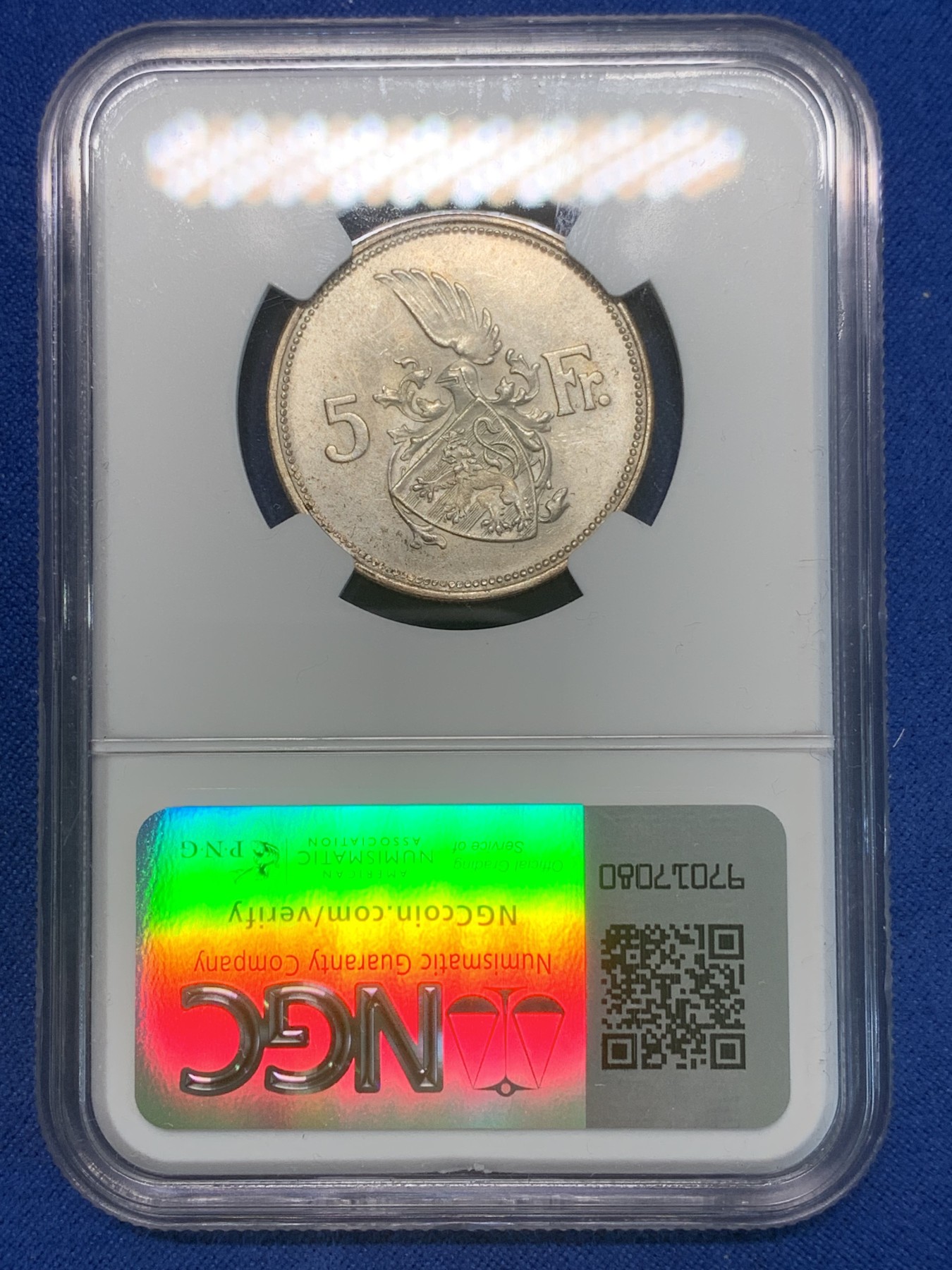 《竞宝斋》第244场-周日，周一 新年开场 (全场包邮) NGC-MS63 卢森堡 1929年 夏洛特 5法郎 女大公 银币