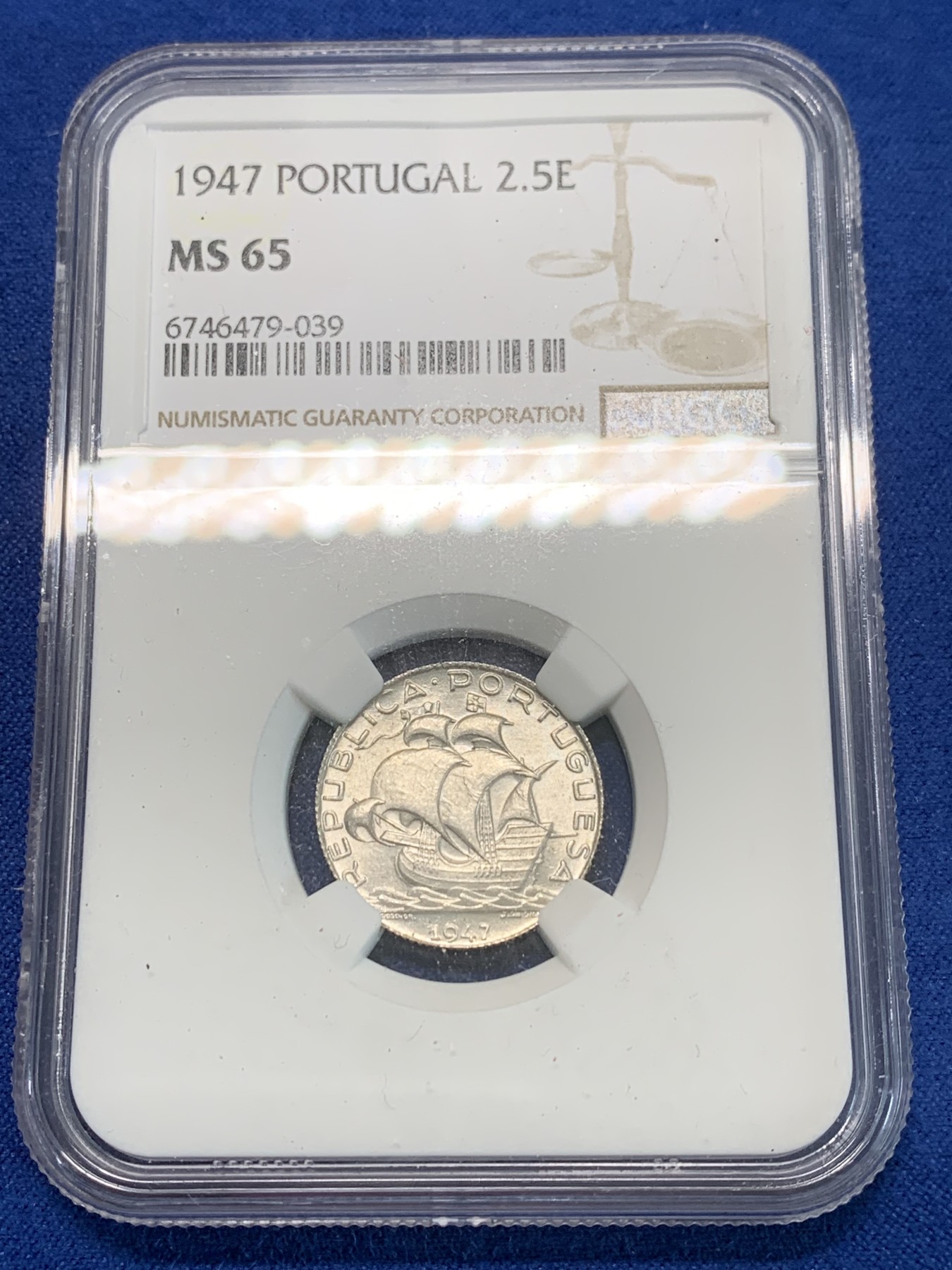 《竞宝斋》第244场-周日，周一 新年开场 (全场包邮) NGC MS65 葡萄牙1947年帆船2.5埃斯库多银币 少见年份