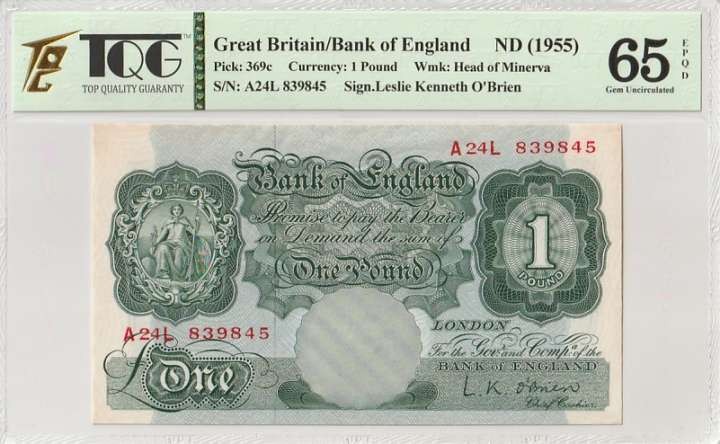 收藏联盟Quantum Auction 第328期拍卖  英国1955年1镑 TQG65 EPQD 标注为EPQD(原始纸张有瑕疵)