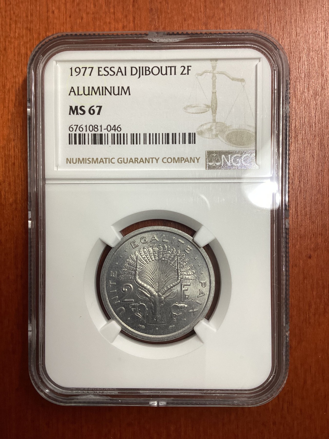 长老汇龙年精选第二场 1977 吉布提2法郎铝制样币，NGC MS67, 亚军分，更高分仅有一枚，发行量1700枚