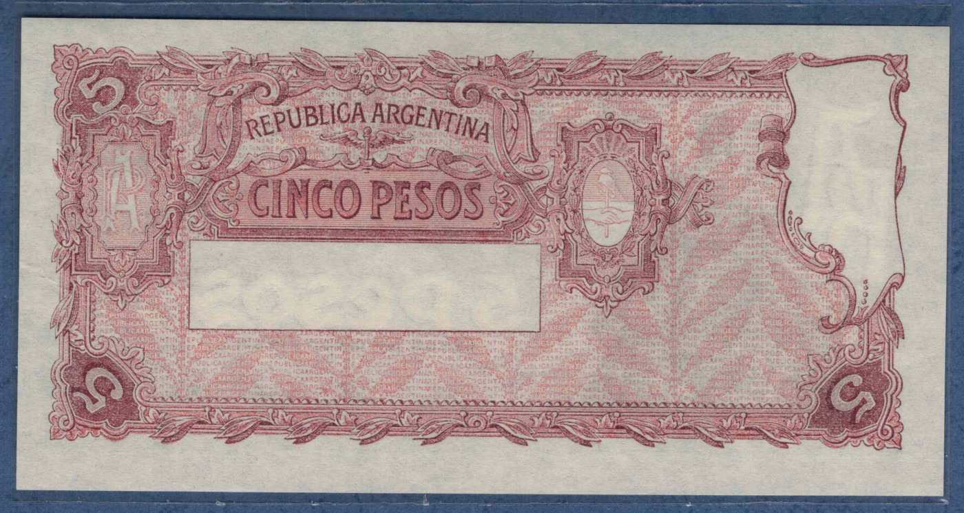 阿根廷1951年至1959年5比索 P-264d H冠 注意签名 美洲纸币 实物图 UNC