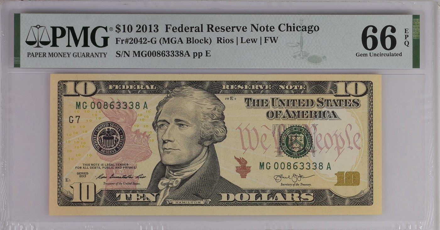 PMG美元专场 豹子身MGA冠序列号:MG00863338A 10美元绿库印联邦券Federal Reserve Note Chicago, $10 2013 Small Size