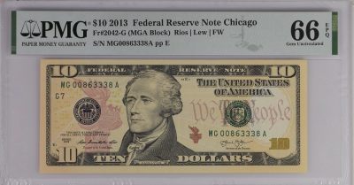 PMG美元专场 - 豹子身MGA冠序列号:MG00863338A 10美元绿库印联邦券Federal Reserve Note Chicago, $10 2013 Small Size