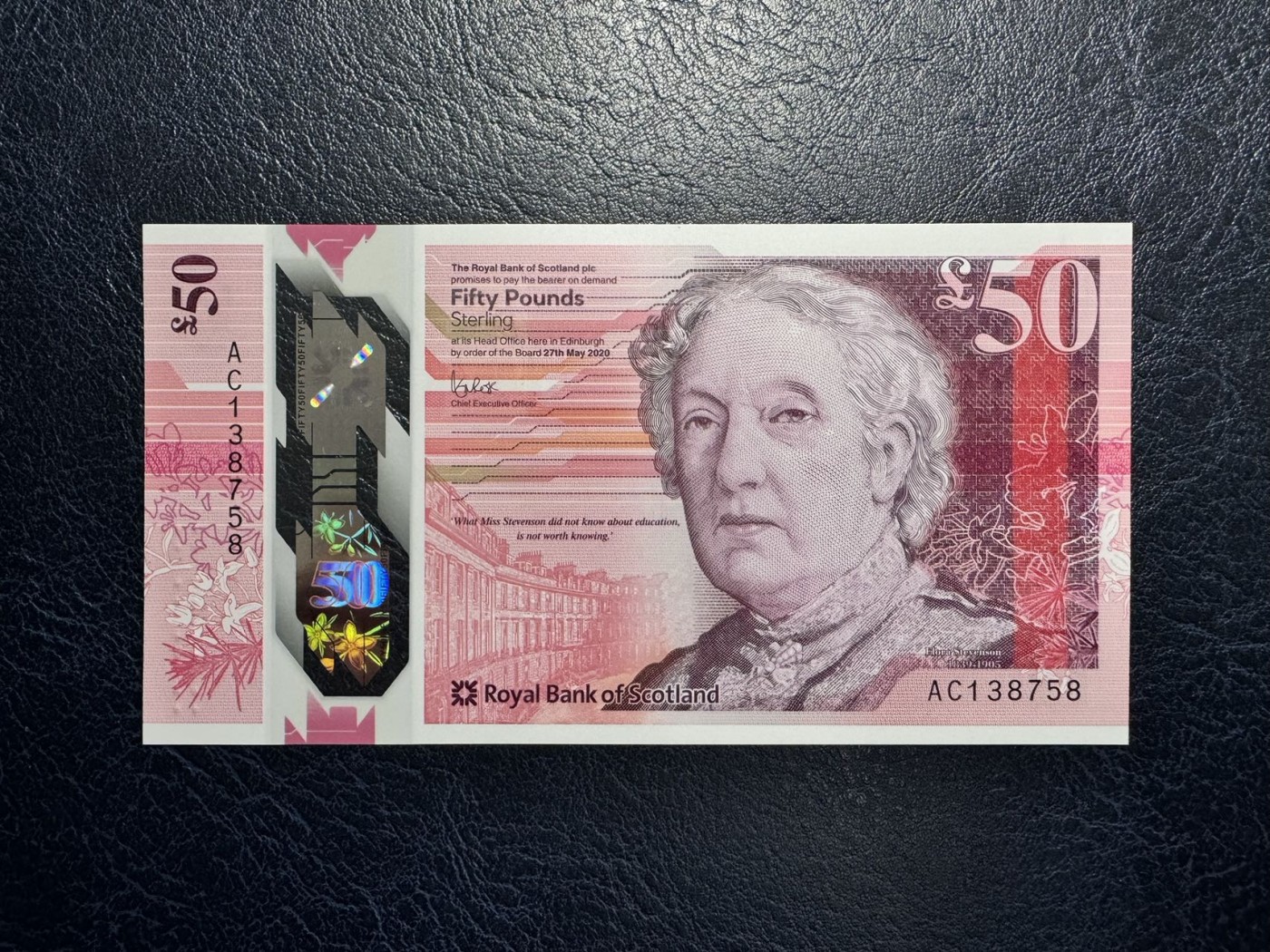 收藏联盟Quantum Auction 第328期拍卖  苏格兰皇家银行2020年50镑 品相全新UNC 号码无4 女性教育家 弗洛拉