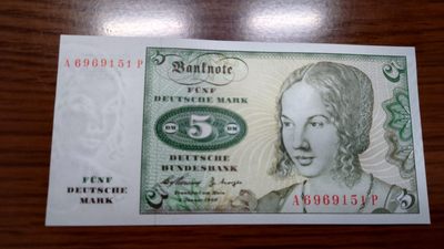 【世界钱币】精选微拍第94期暨2024年第五期 评级币裸钞场 1960年初版德国5马克 全新绝品无47尾号151