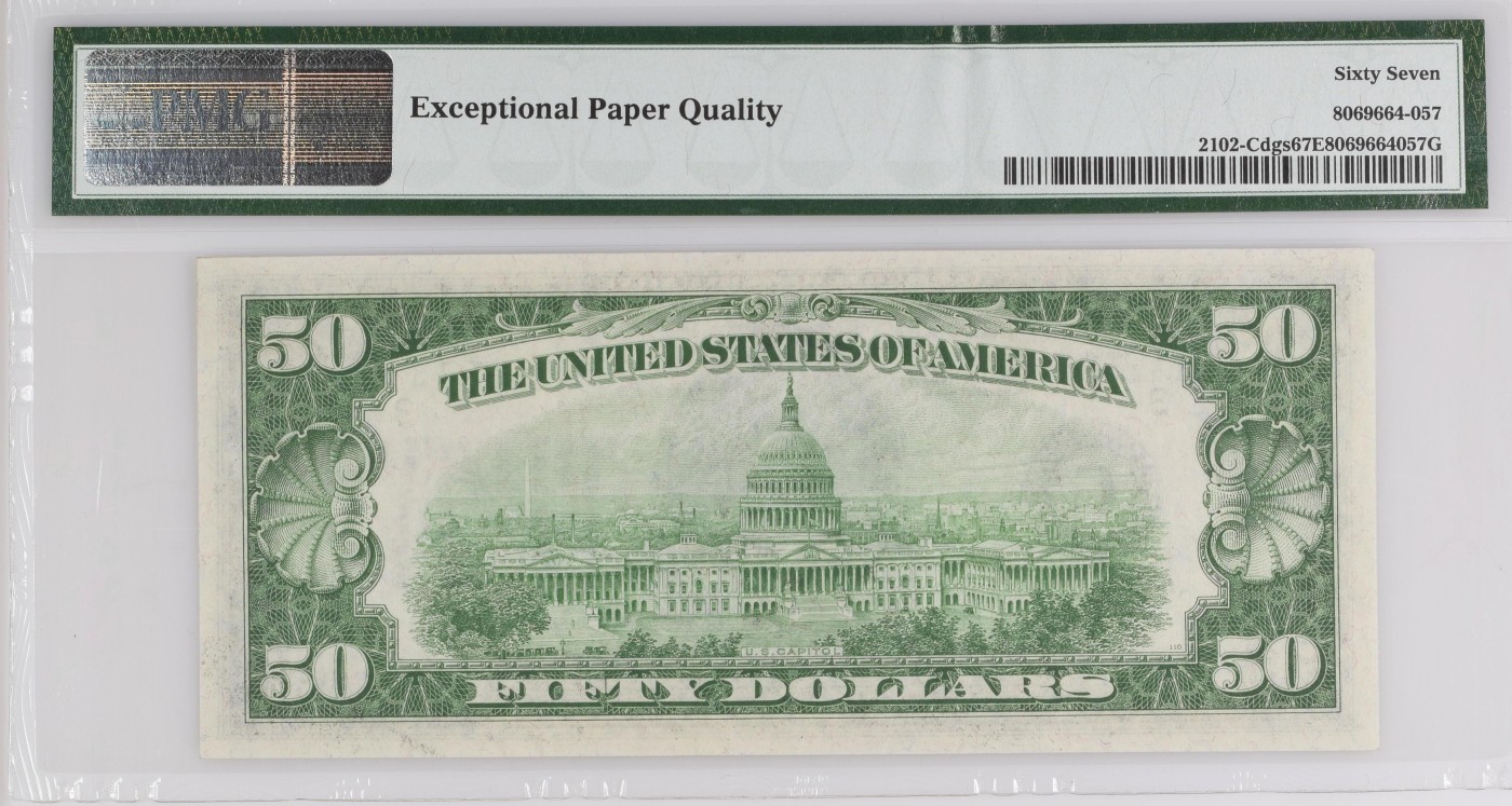 收藏联盟Quantum Auction 第328期拍卖  美国联邦1934年50美金 PMG67 号码无4 稀少冠军分