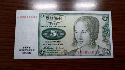 【世界钱币】精选微拍第94期暨2024年第五期 评级币裸钞场 1960年初版德国5马克 全新绝品无47尾号163