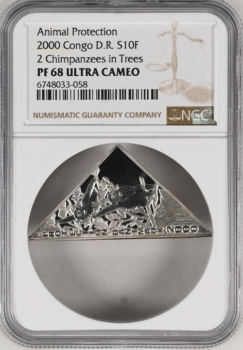 长老汇龙年精选第二场 2000 刚果动物保护系列树上的大猩猩10法郎精制三角形银币，NGC PF68UC，唯一冠军分